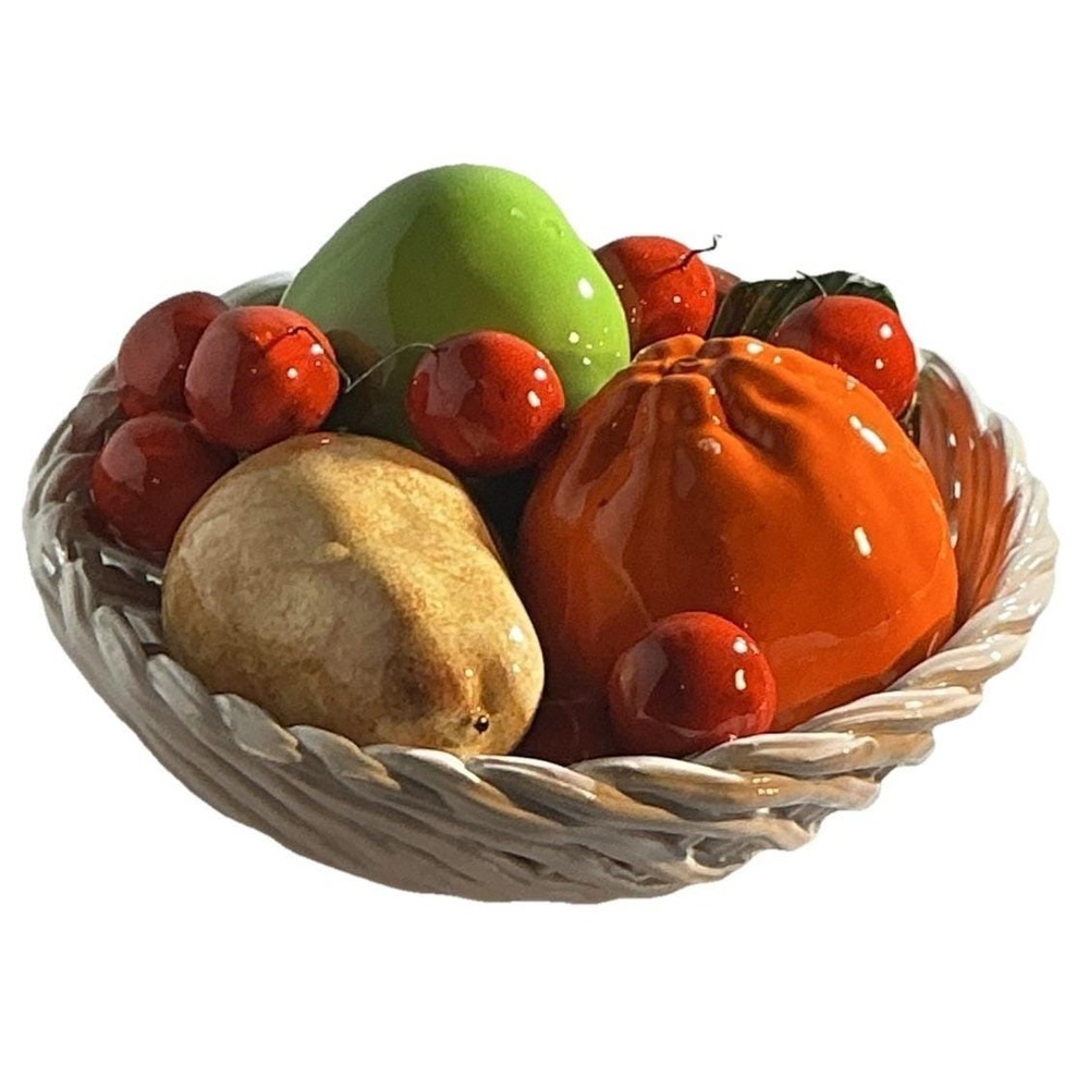 Vintage Italian Ceramic Fruit Basket Centerpiece Hand Painted Glazed Pottery